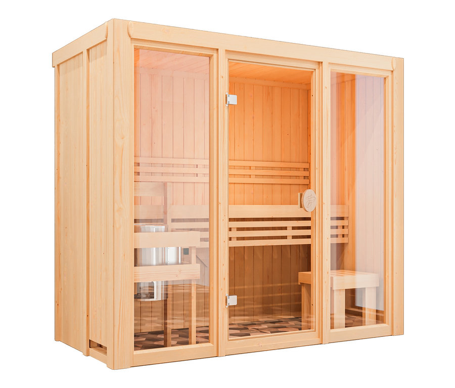 Innenansicht der Karibu Sauna »Vivi 2«, Bio, mit Bänken und Glastüren.