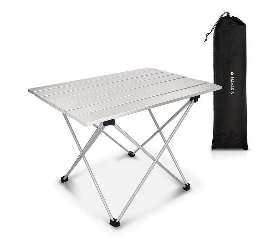 Ein Navaris Campingtisch, der faltbar ist, und seine schwarze Tasche.
