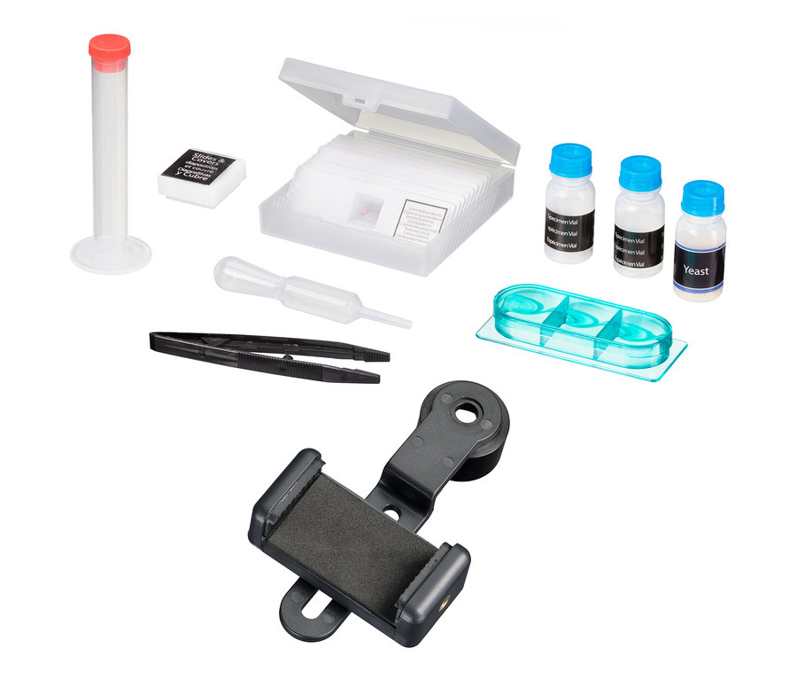 Ein Laborkit beinhaltet ein Reagenzglas, Objektträger, Probenfläschchen, eine Pipette, eine Pinzette und eine Smartphone-Halterung. NATIONAL GEOGRAPHIC Kompakt-Teleskop und Mikroskop mit Smartphonehalterung.