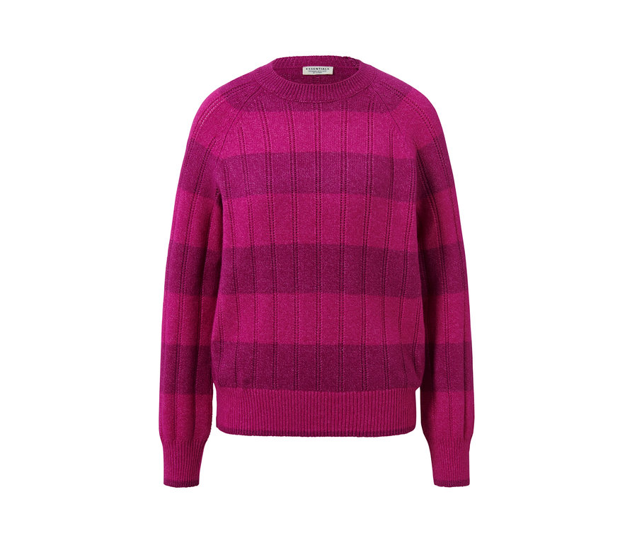 Ein rosa gestreifter Strickpullover mit Ajour-Muster.