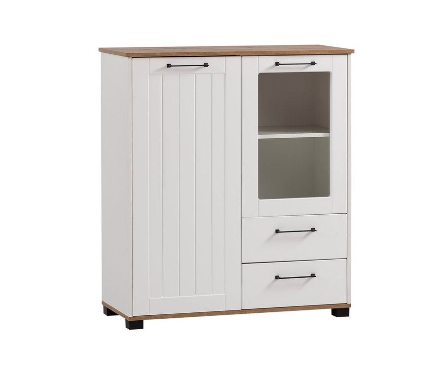 Weißes Highboard »Jelda« mit Holzplatte und schwarzen Griffen.