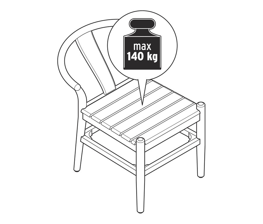 Schwarz-weiße Illustration eines Teak-Design-Dining-Stuhls mit einer maximalen Tragfähigkeit von 140 kg.