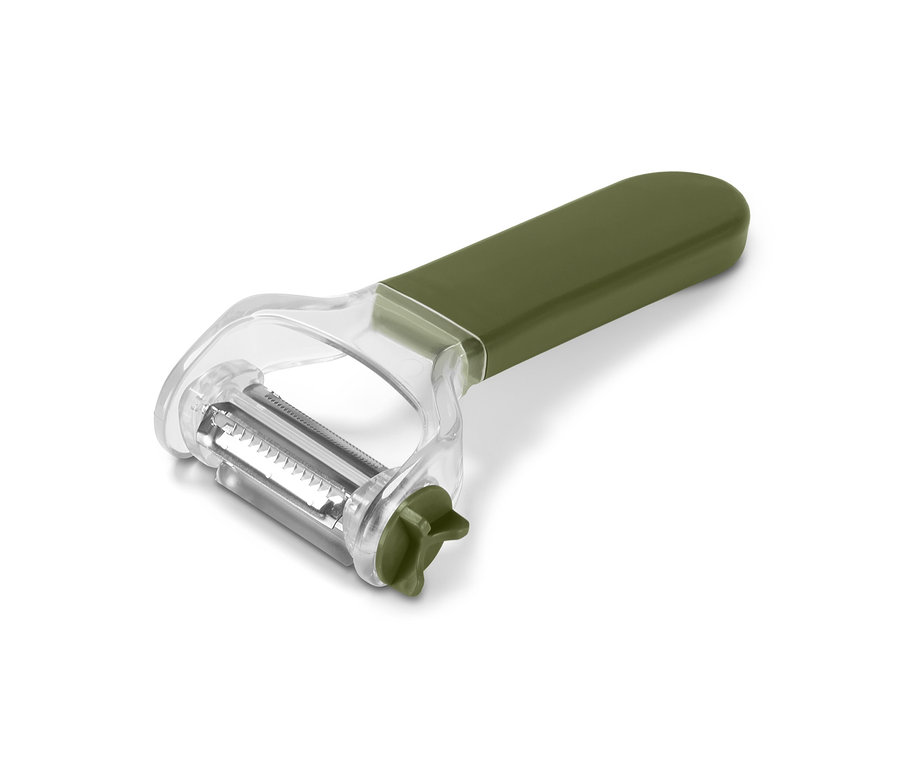 Ein grüner 3-in-1-Universalschäler auf weißem Hintergrund.