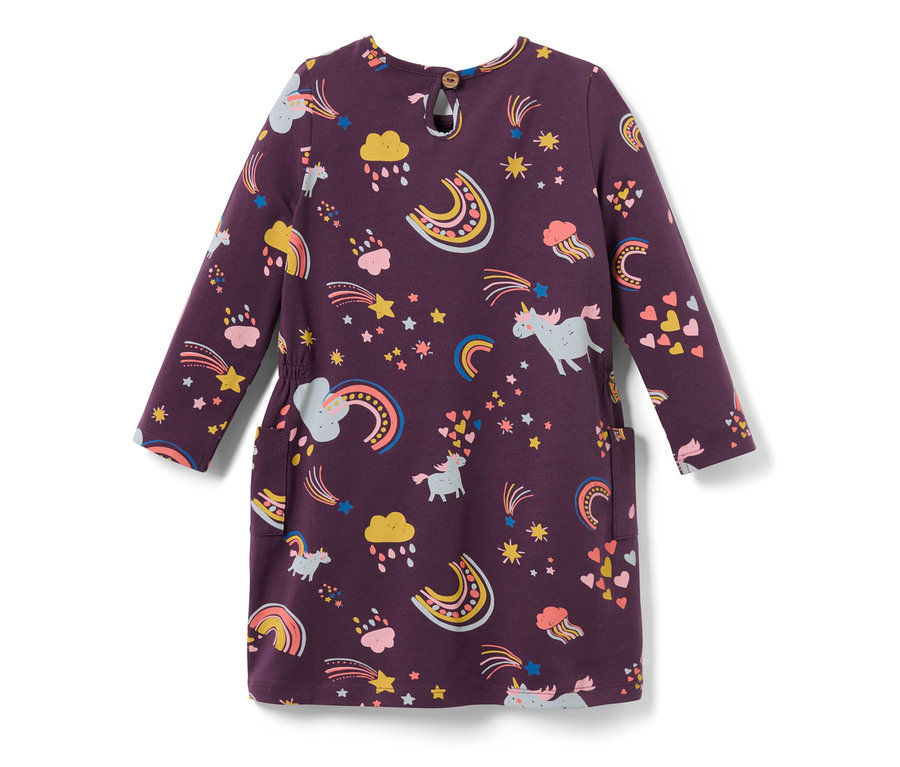 Lila Kinder-Jerseykleid mit Einhorn-, Regenbogen-, Stern- und Wolkenmuster.