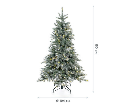 Illustration eines künstlichen Weihnachtsbaums "Fichte" beschneit mit LED-Lichterkette, 150 cm.