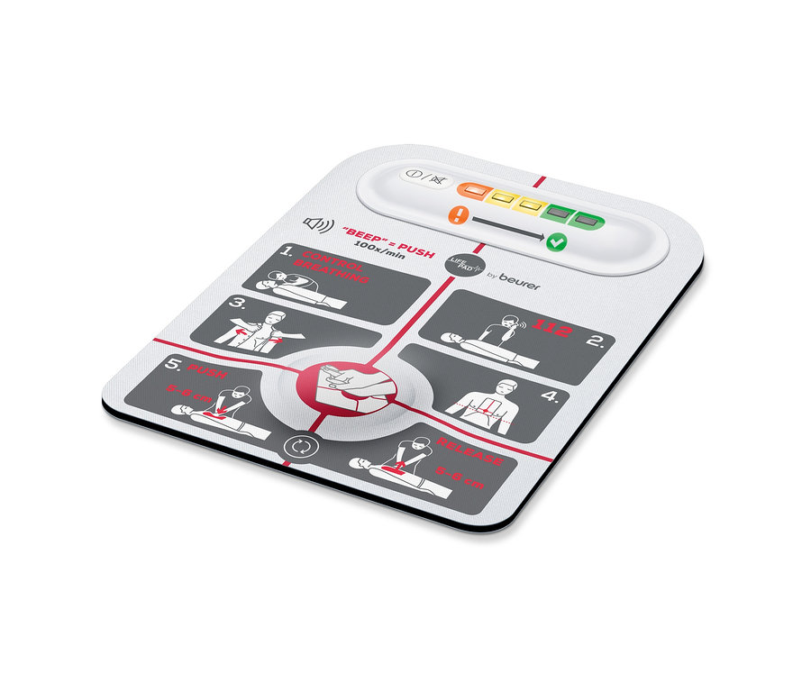 Abbildung des Beurer Reanimationshilfe LifePad mit einer Infografik, die die Schritte der Wiederbelebung zeigt.
