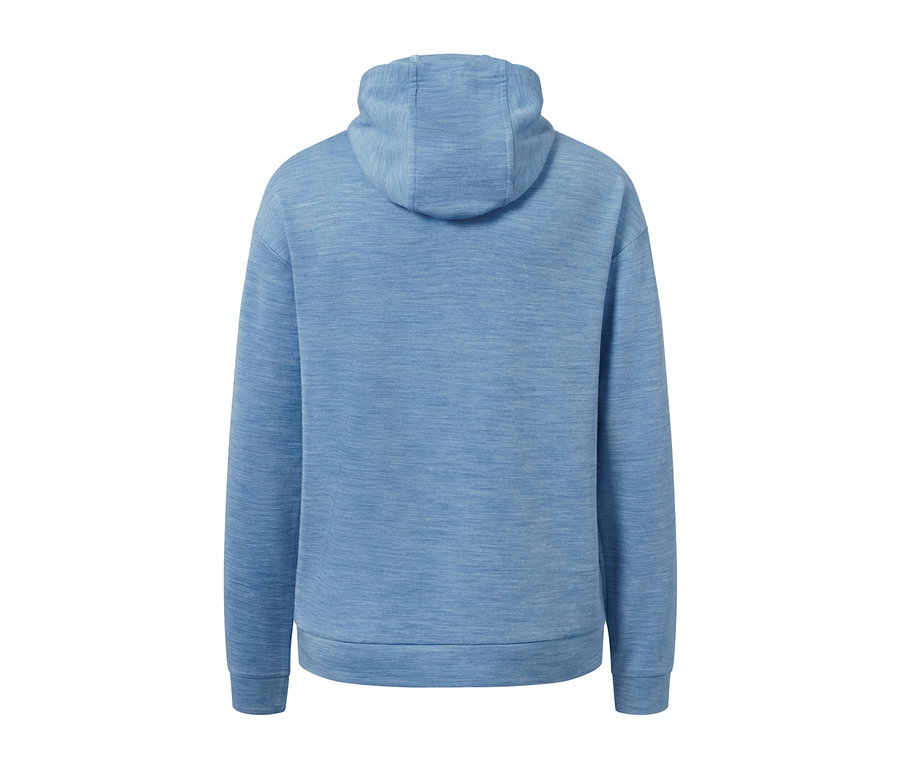 Rückansicht einer hellblauen Kapuzenjacke mit RWS-lizenzierter Wolle.