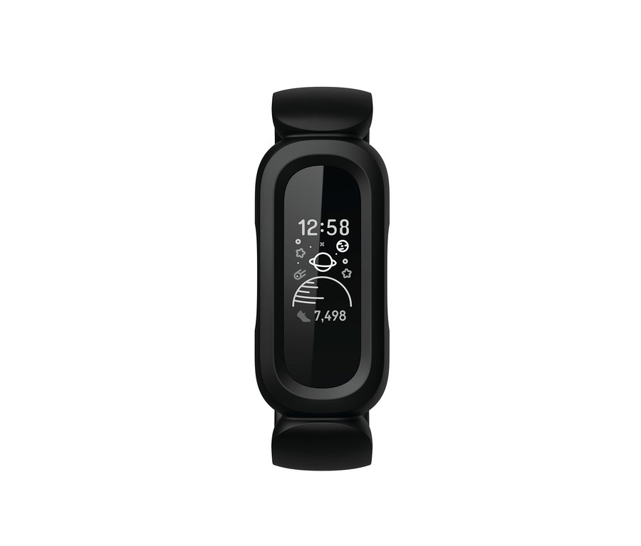 Schwarzer Fitness-Tracker mit Display, das die Uhrzeit und die Anzahl der Schritte anzeigt. Zu sehen ist ein »Ace 3 Kids« Aktivitäts-Tracker von Fitbit in Schwarz.
