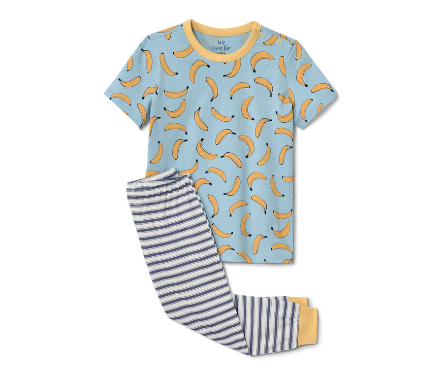 Kinderpyjama: blaues Oberteil mit Bananenprint und gestreifte Hose.
