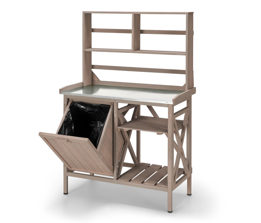 Pflanztisch »Jonte« mit geöffnetem Abfallbehälter und Regal.