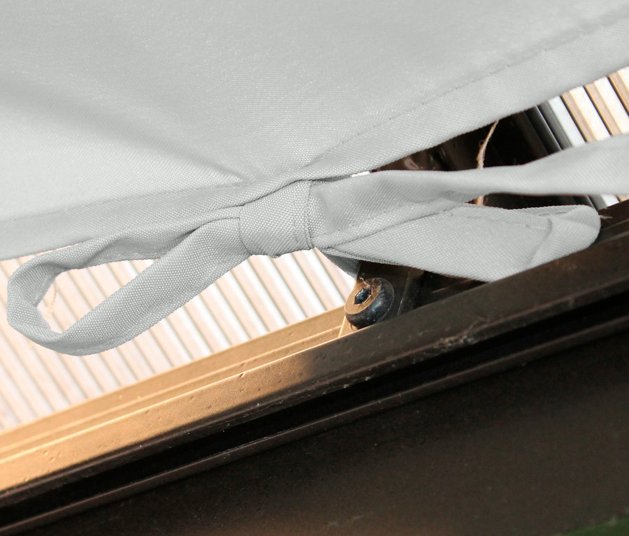 Detailansicht eines hellgrauen Profi-Pavillons, 300 x 365 cm, mit Stoffband.