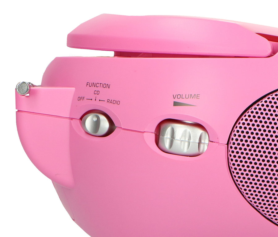Nahaufnahme eines pinken Lenco SCD-24 Boombox CD-Players mit Radio und Kopfhöreranschluss.