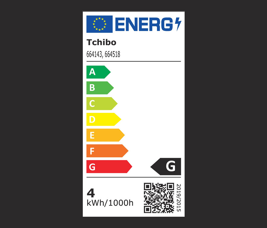 Energielabel mit Energieeffizienzklassen von A bis G.