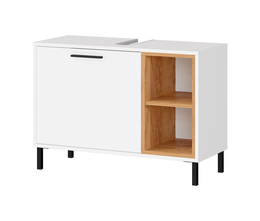 Weißer Waschbeckenunterschrank »Loria« mit schwarzen Beinen und Holzregalen.