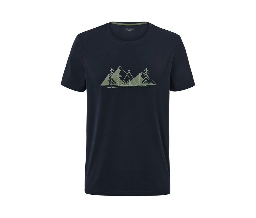 Ein marineblaues T-Shirt mit einem Aufdruck von Bergen, Zelt und Bäumen.