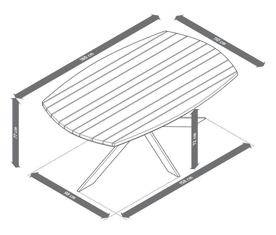 Illustration eines Esstisches mit modernem X-Fuß, ca. 1,8 m.