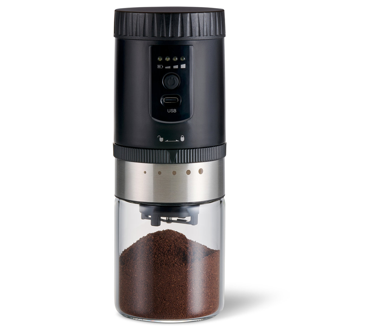 Schwarze Akku-Kaffeemühle mit silbernem Mittelteil und transparentem Behälter, gefüllt mit gemahlenem Kaffee. Oben sind Bedienknöpfe und ein USB-Anschluss sichtbar.