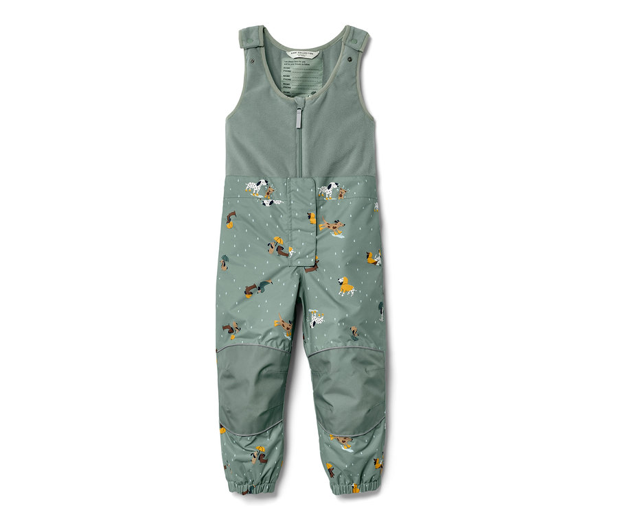 Grüne Kinder-Thermo-Regenhose mit Hundeprint.