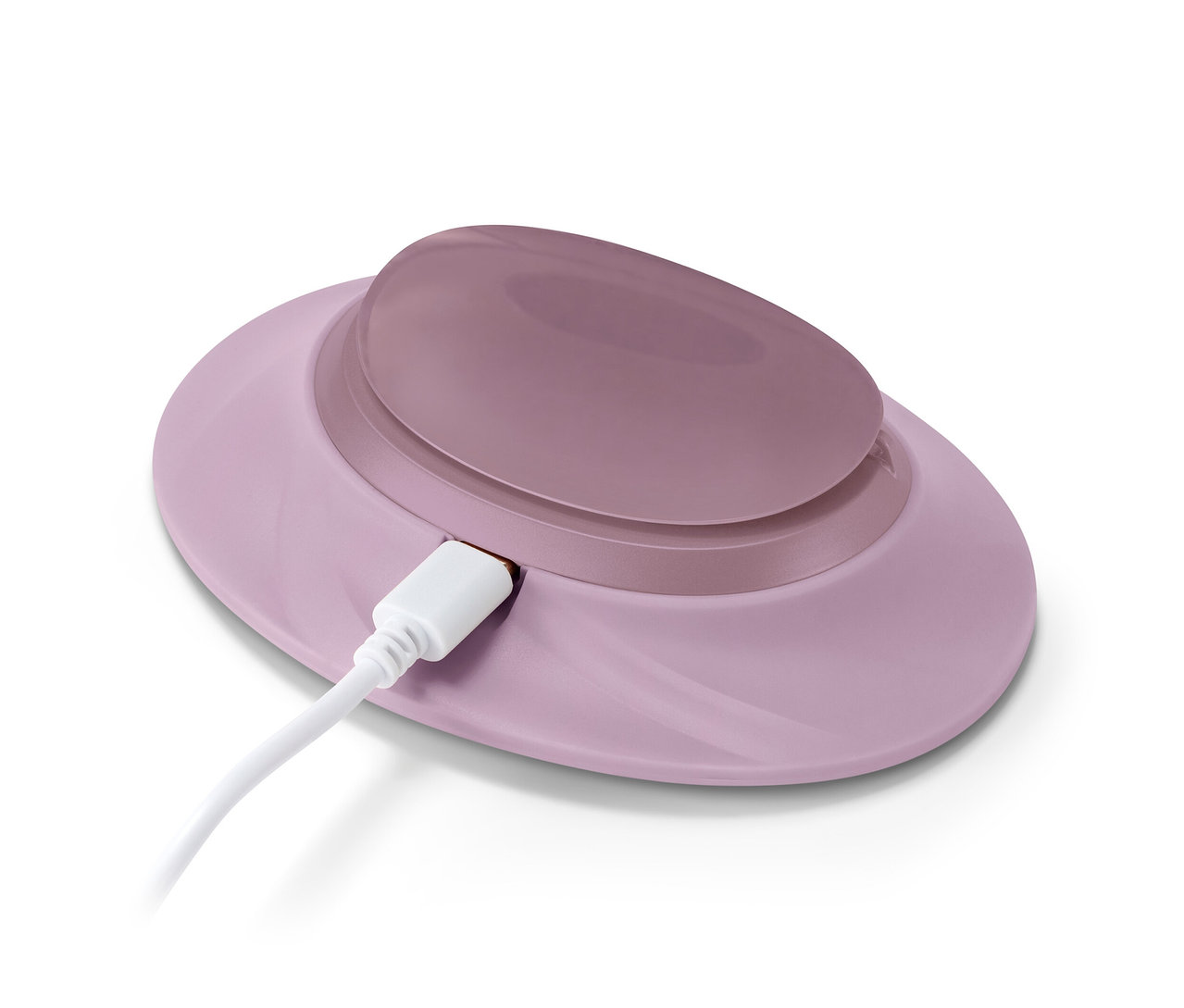 Ein lila Akku-Bauchwärmer mit einem weißen Ladekabel.