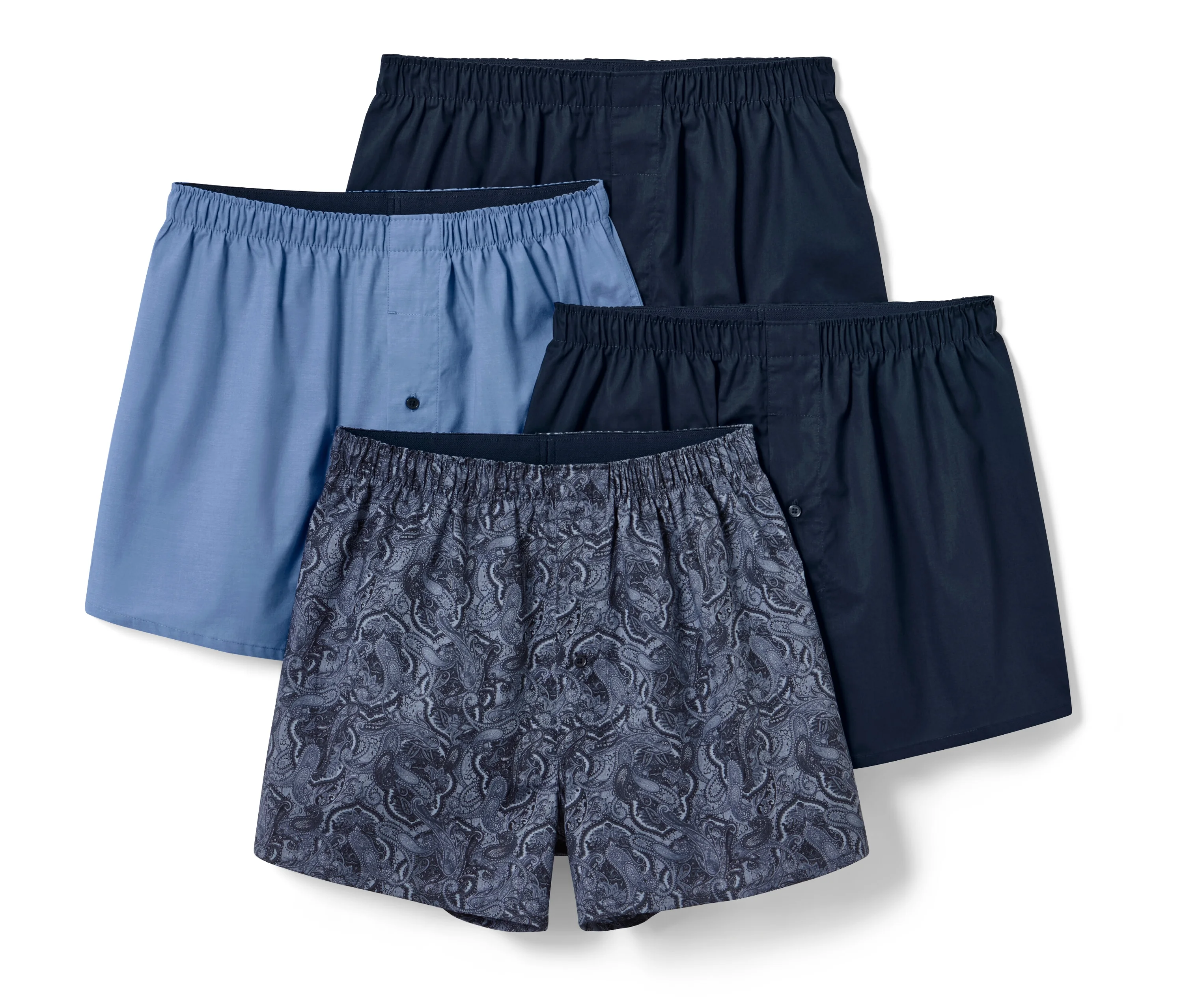 2x 1 günstig Kaufen-Tchibo - 4 Web-Boxershorts - Herren - Gr. L/6 - dunkelblau/paisley. Tchibo - 4 Web-Boxershorts - Herren - Gr. L/6 - dunkelblau/paisley <![CDATA[4 Web-Boxershorts Farbe: 2x dunkelblau, 1x hellblau chambray, 1x dunkelblau-graublau-blauer Alloverprint Materi