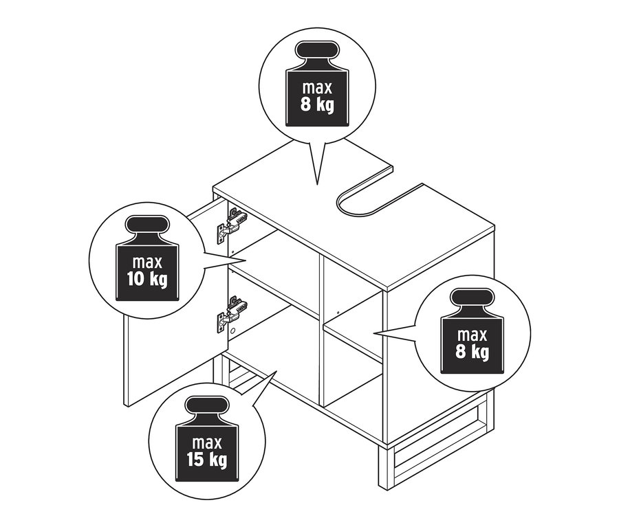 Zeichnung eines Waschbeckenunterschranks mit Tür und Seitenfach, wobei eine Tür geöffnet ist und sich im Inneren ein Regal befindet.