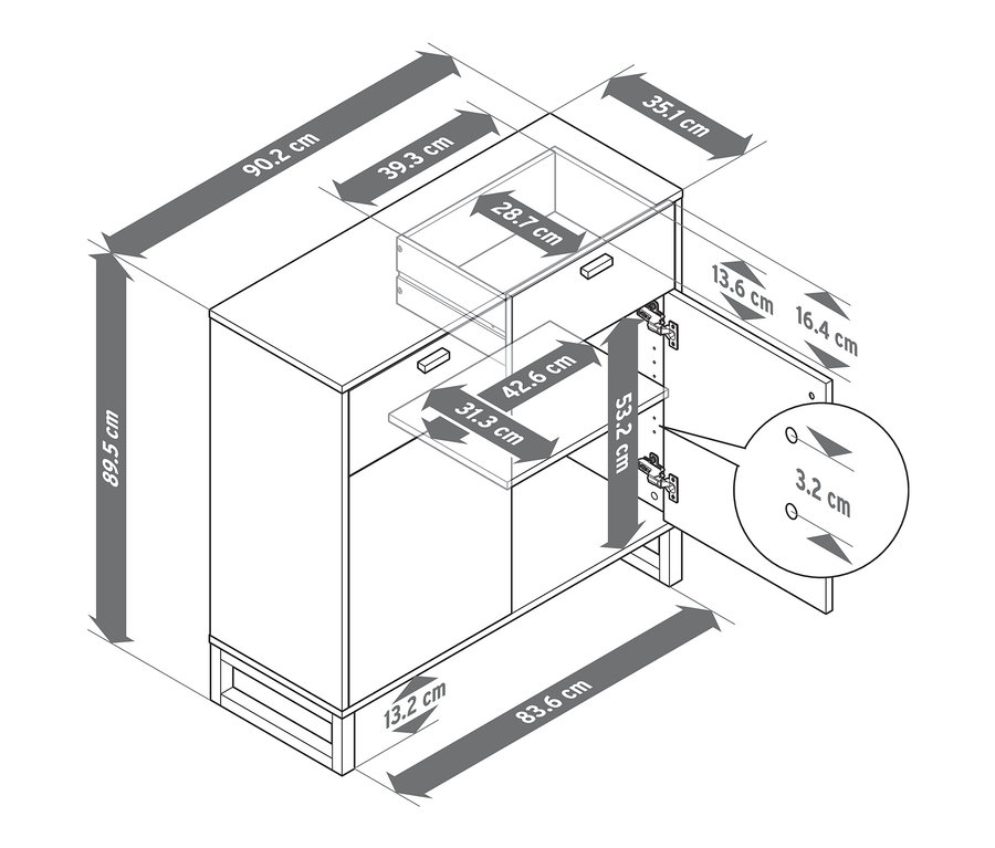 Abgebildet ist ein Sideboard mit 2 Schubladen und 2 Türen mit den entsprechenden Maßen.