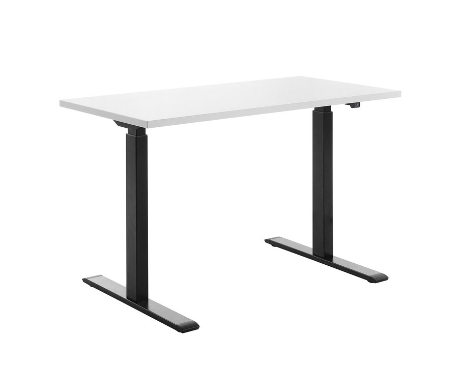 Weißer, elektrisch höhenverstellbarer Topstar Schreibtisch mit schwarzen Beinen.