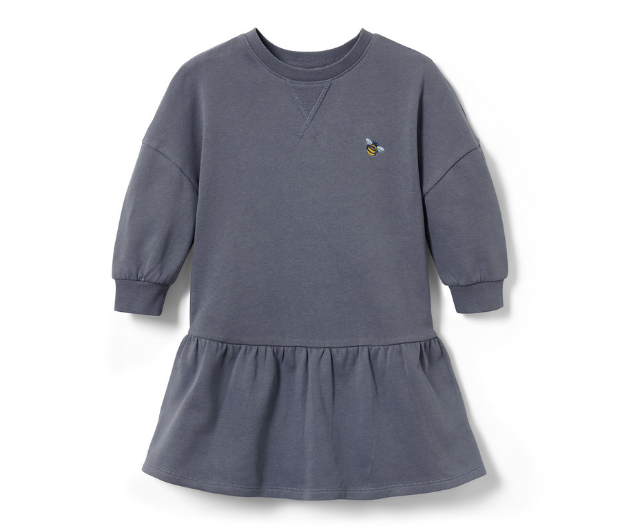 Ein blaues Kleinkinder-Sweatkleid mit einer Bienenapplikation.