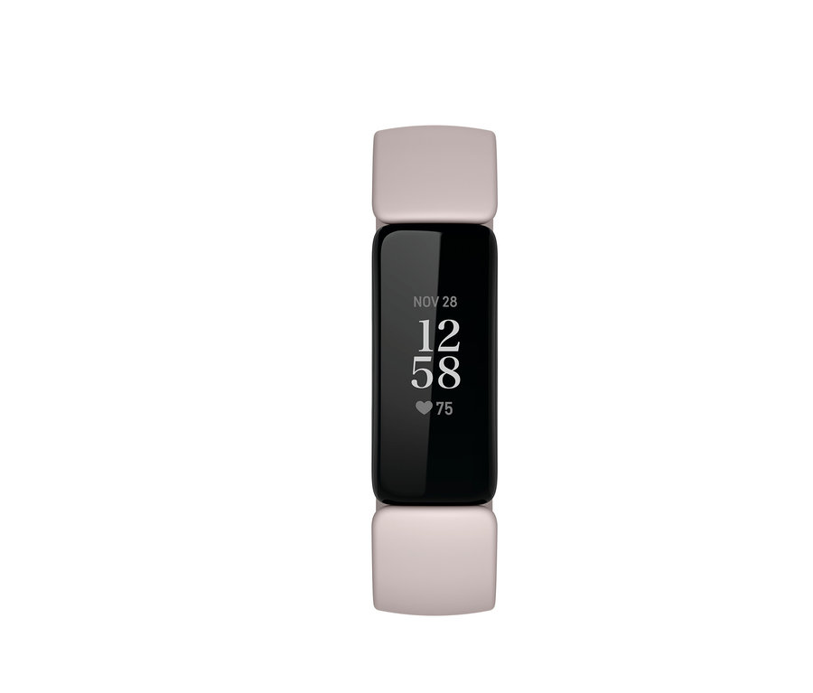 Schwarzer Fitness-Tracker mit weißem Armband und der angezeigten Uhrzeit 12:58. Fitbit Fitness Tracker »Inspire 2« in Mondweiß/Schwarz.