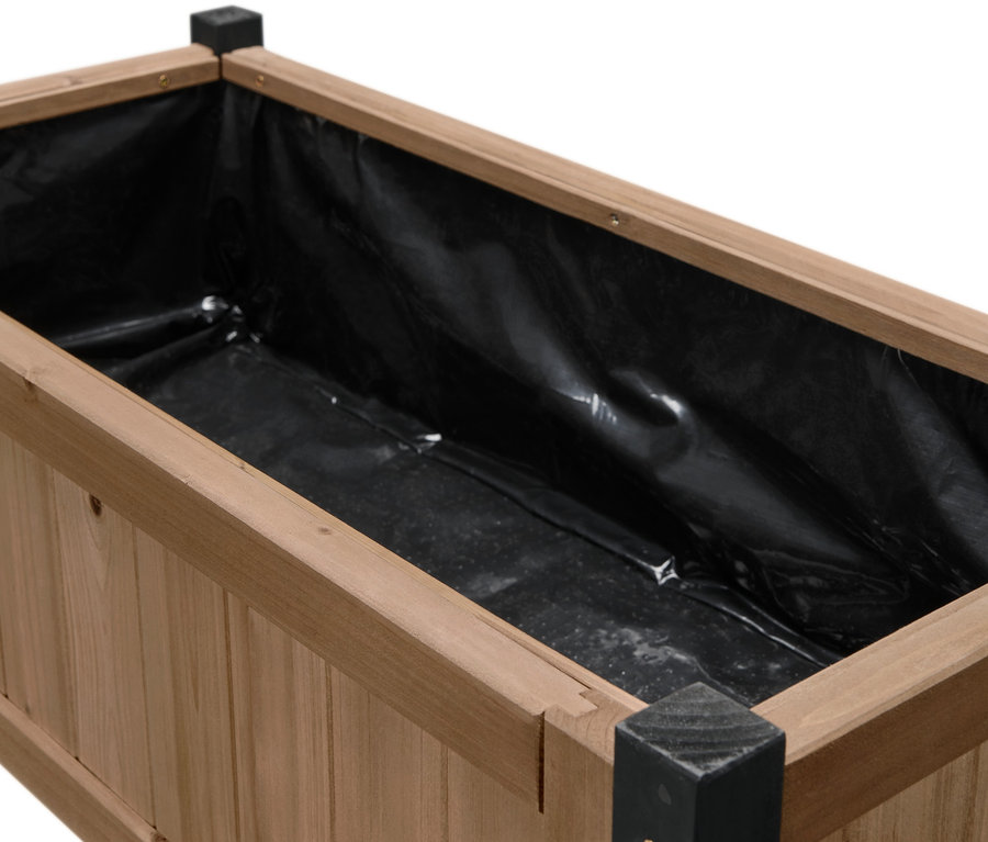 Detailansicht des Pflanzkasten-Regals »Elin« mit schwarzer Innenauskleidung.