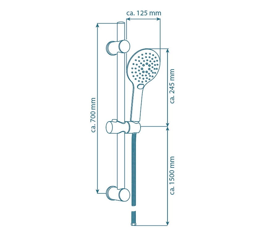 Illustration eines Stangenbrause-Sets "Raven" mit Maßangaben.
