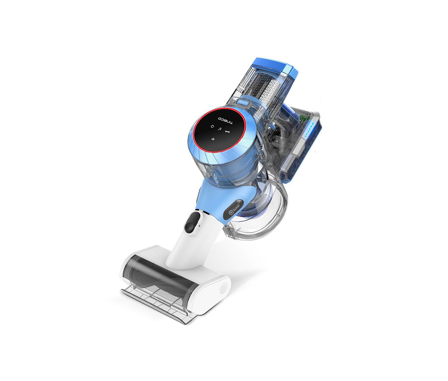 Ein blau-weißer Tineco Pure One S11 Akkusauger auf weißem Hintergrund.