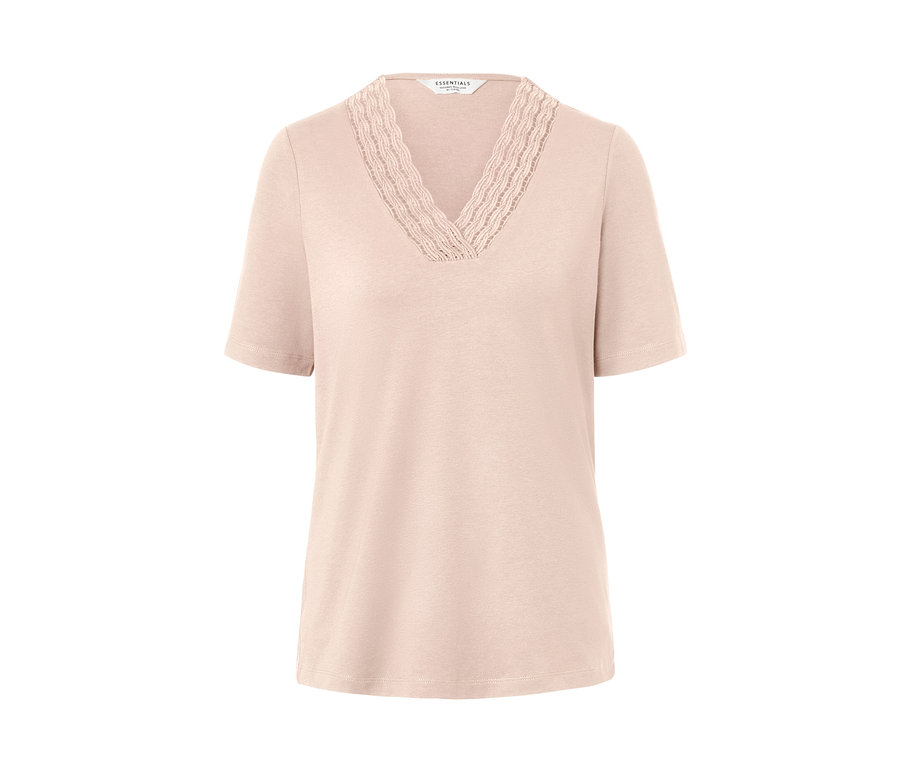 Beiges Blusenshirt mit V-Ausschnitt und Spitzenbesatz.