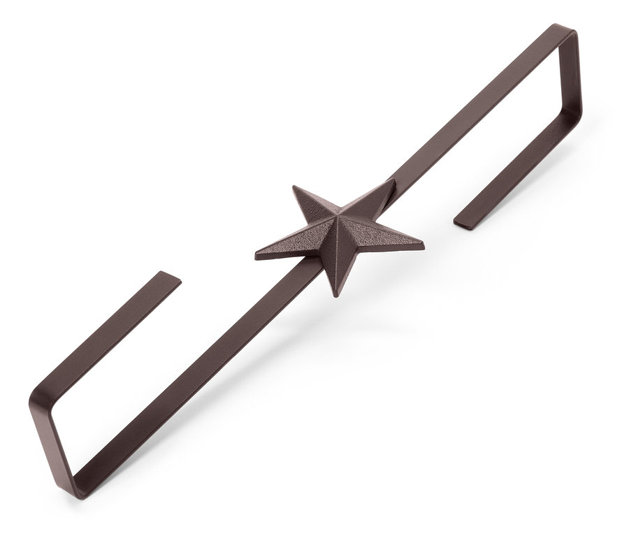 Brauner metallener Halter mit einem Stern in der Mitte auf einem weißen Hintergrund.