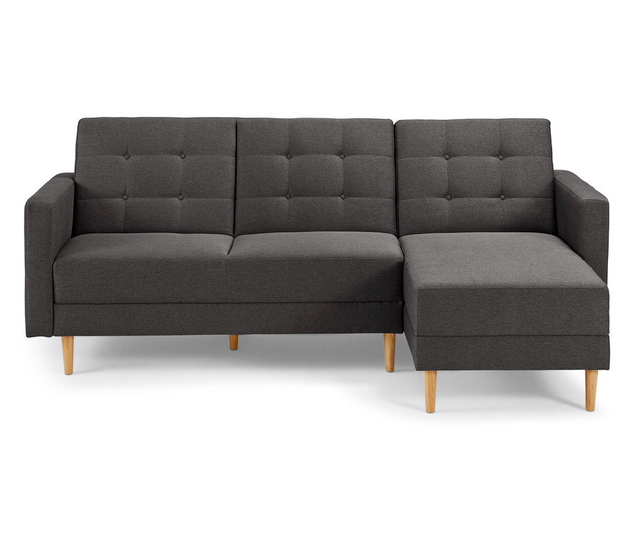 Graues Federkern-Eckschlafsofa mit Stauraumbank.