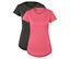 Zwei kurzärmelige Damen-T-Shirts, eines schwarz und eines pink, liegen nebeneinander.