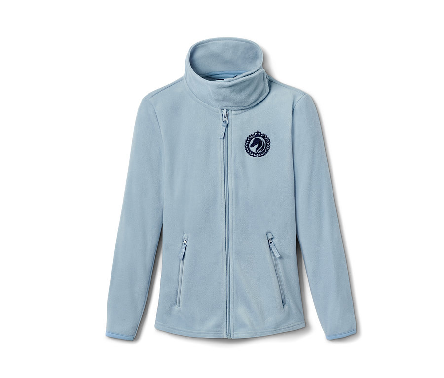 Hellblaue Fleecejacke aus recyceltem Material mit Reißverschluss.