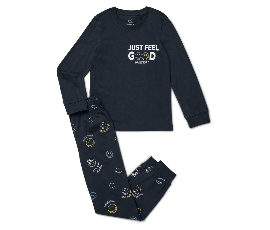 Dunkelblauer Schlafanzug mit langen Ärmeln und Hose mit Smiley-Aufdruck.