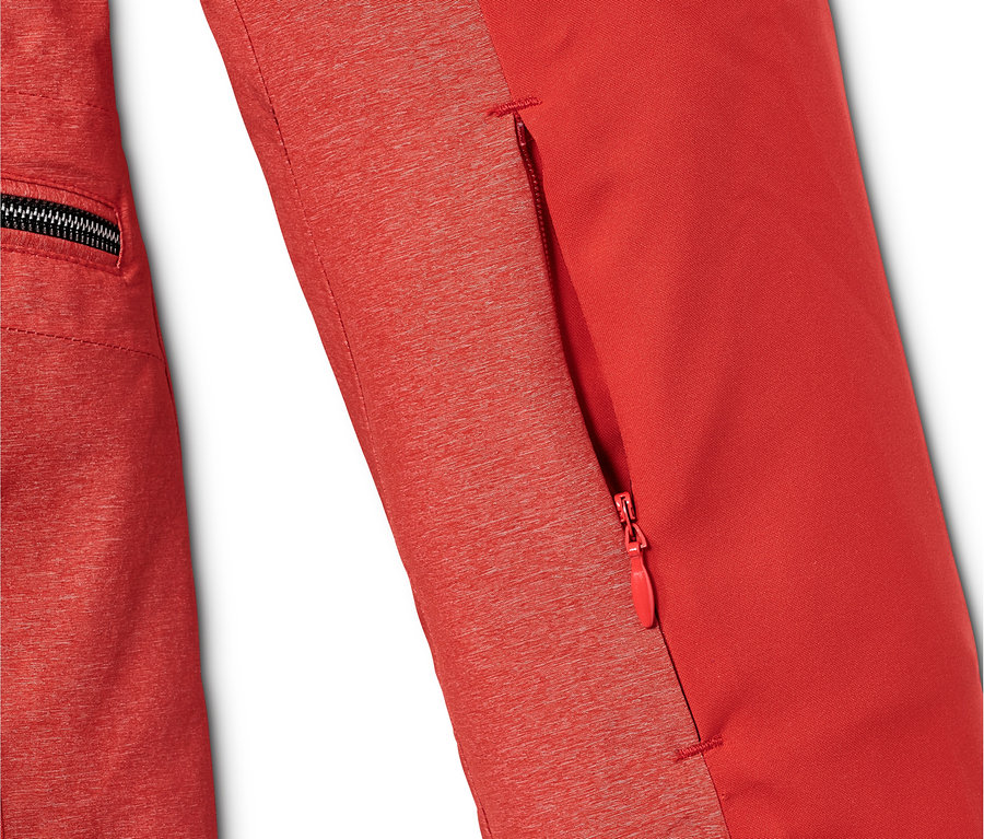 Detailansicht einer roten Softshell-Skijacke mit Reißverschluss.