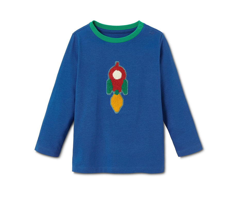 Blaues Langarmshirt mit Raketen-Applikation. 2 Langarmshirts.