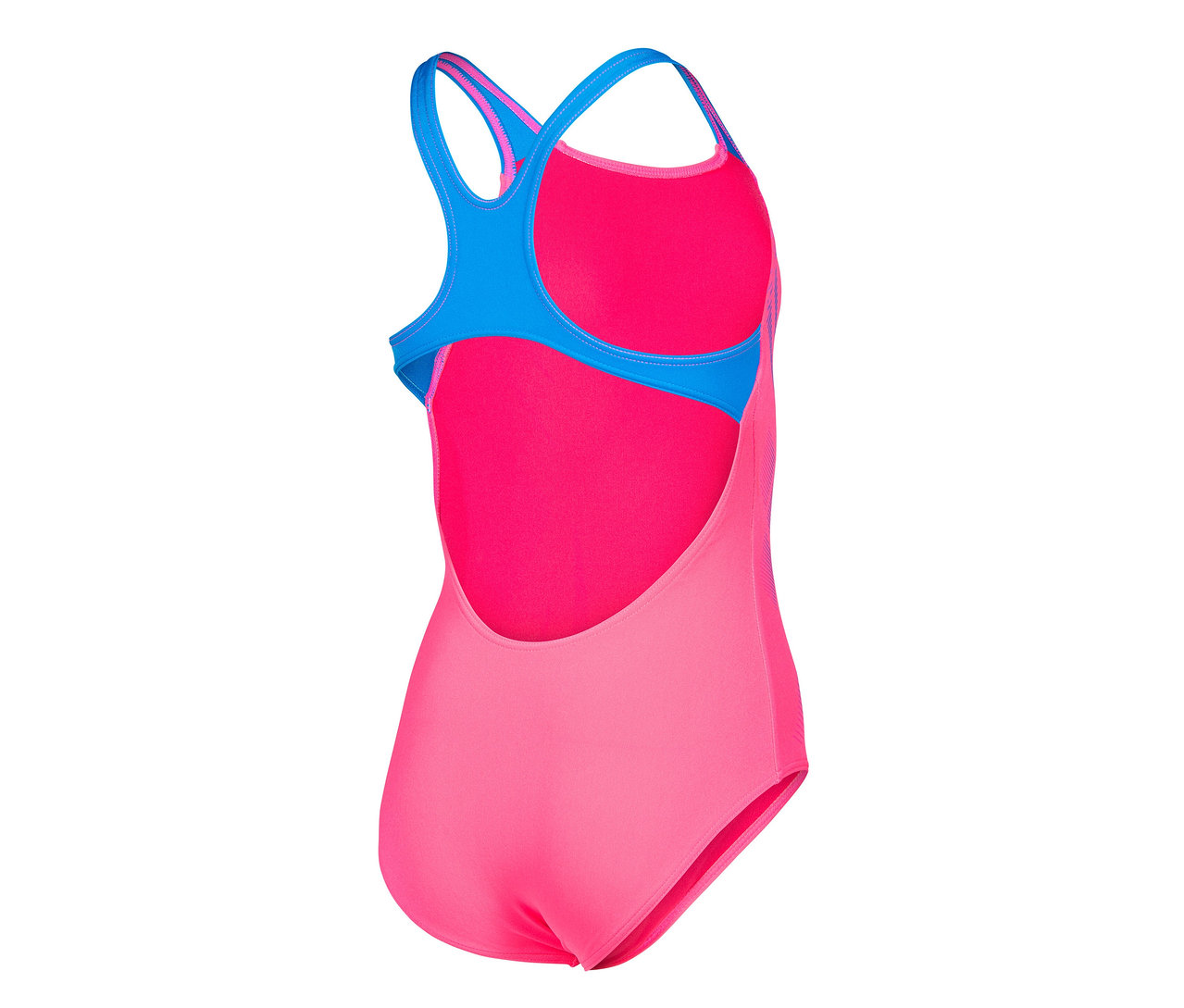 Nahaufnahme des arena Performance Kinder-Badeanzugs Poseidonia Swim Pro Back, pink, von hinten.