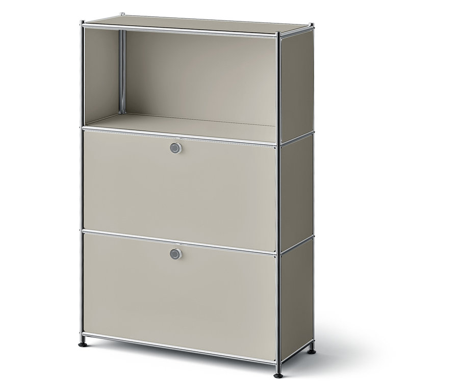 Beiger Schrank mit zwei Schubladen und einem offenen oberen Fach.