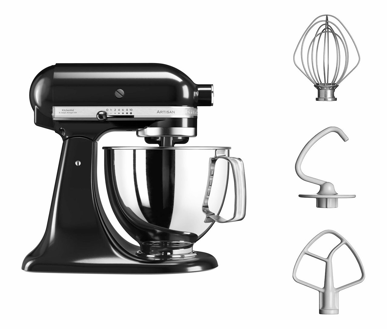 Schwarze KitchenAid Küchenmaschine »Artisan 5KSM125« mit Rührschüssel und drei Aufsätzen.