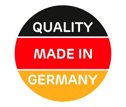 Kreisgrafik mit "QUALITY" im oberen schwarzen Teil, "MADE IN" im mittleren roten Teil und "GERMANY" im unteren gelben Teil.