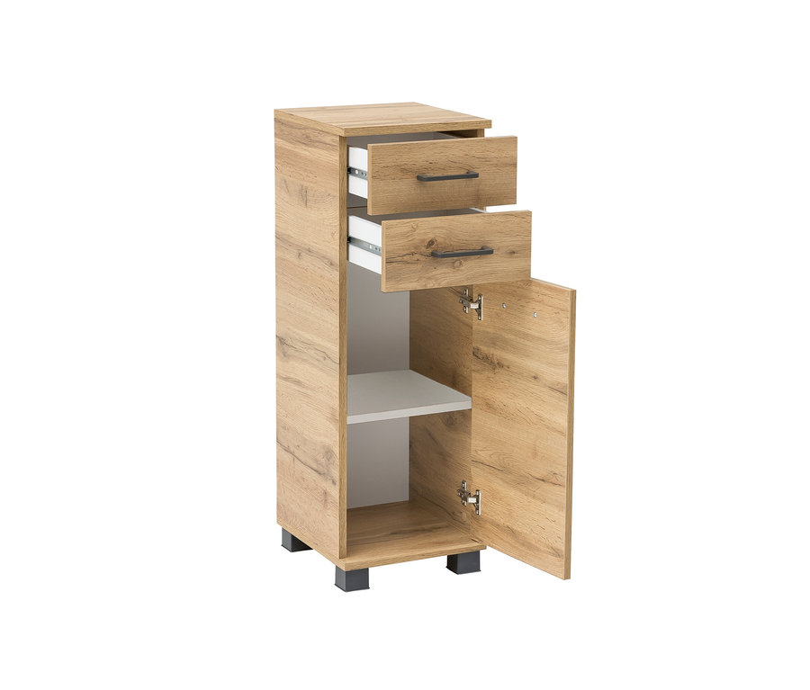 Geöffneter Schrank »U 300 Nora« mit zwei Schubladen und einem Regalboden.
