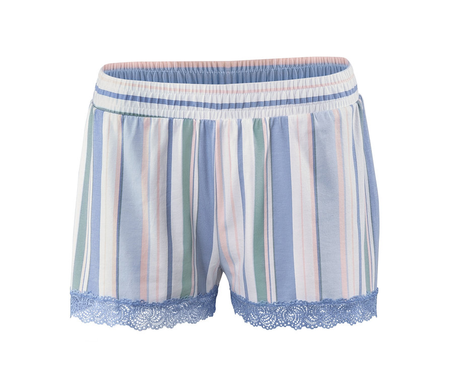 Gestreifter Shorty-Pyjama in Blau, Weiss und Rosa mit blauer Spitze.