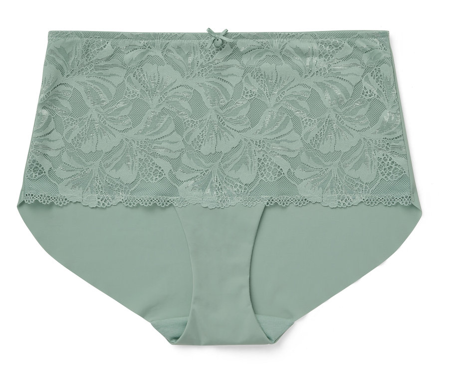 Grüne Damenunterhose mit Blumenspitze und Schleife.
