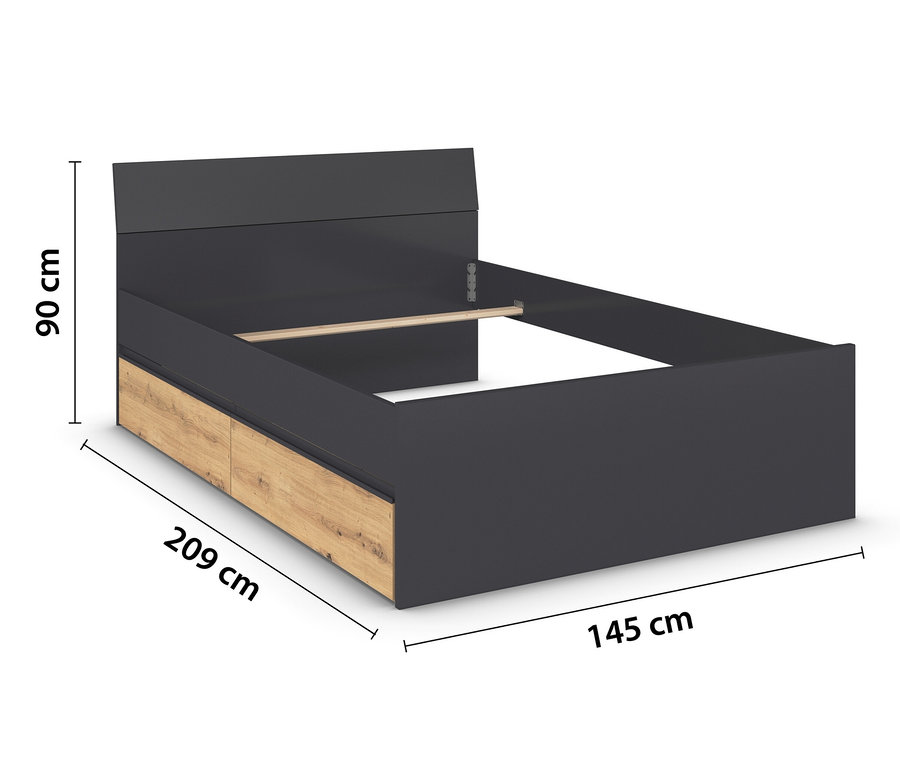 rauch Bett »Joel« mit 2 Schubladen, grau metallic/Eiche Artisan, 140 x 200 cm.