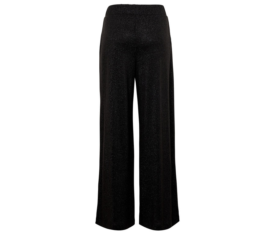 Eine schwarze, weit geschnittene Hose mit schimmernder Oberfläche.