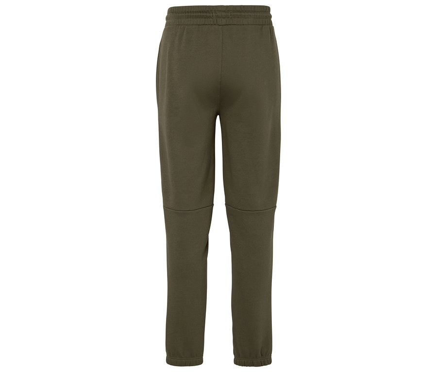 Rückansicht einer olivgrünen Trainingshose mit elastischem Bund und Bündchen.